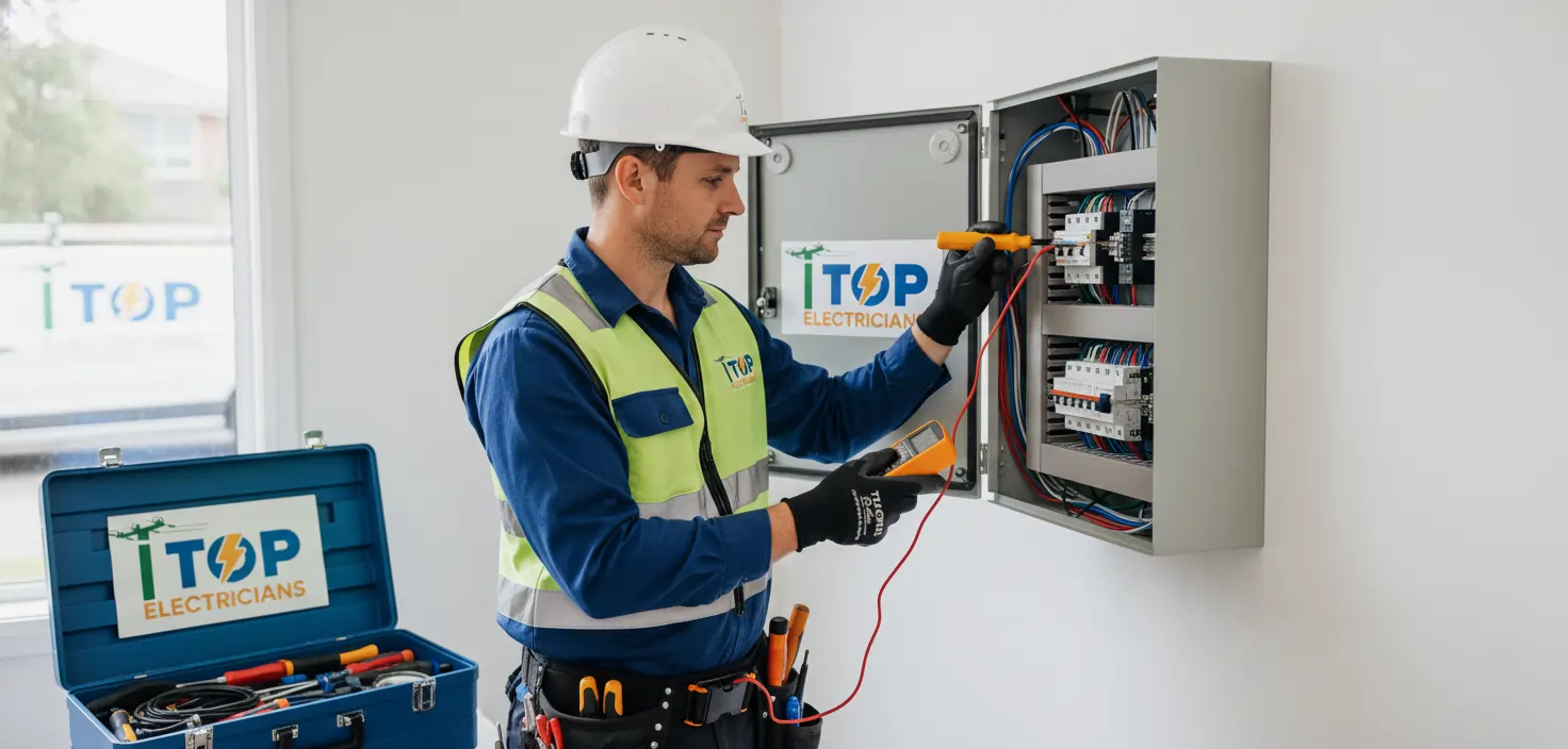 An employee of Top Electrician is checking with a meter after upgrading to 3-phase in an office to see if everything is in order.