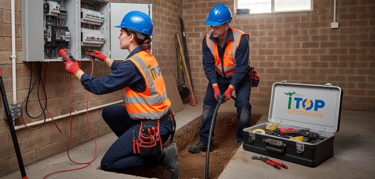 Two electricians from Top Electricians are working on a client's home in the Inner West area.