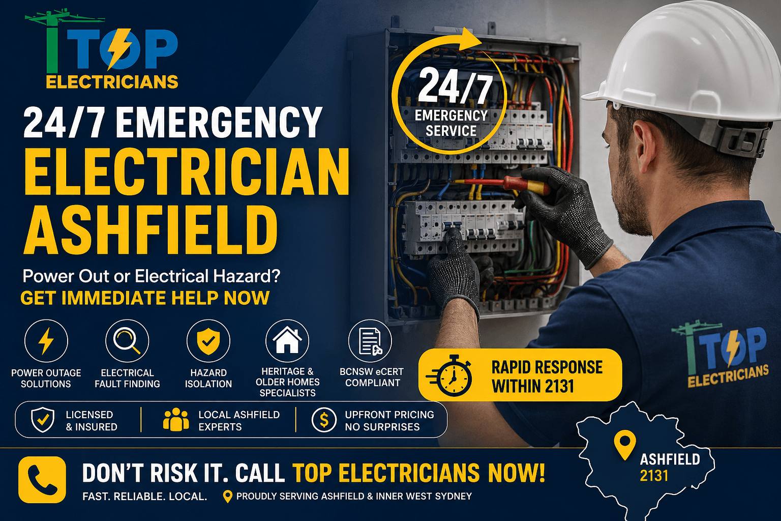 24/7 emergency electrician in Ashfield repairing electrical switchboard with rapid response service by Top Electricians