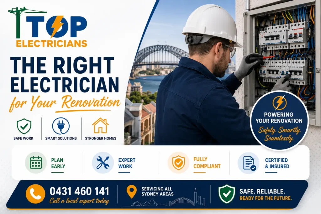 Professional electrician working on a modern switchboard during a Balmain home renovation with Top Electricians branding and Sydney background.
