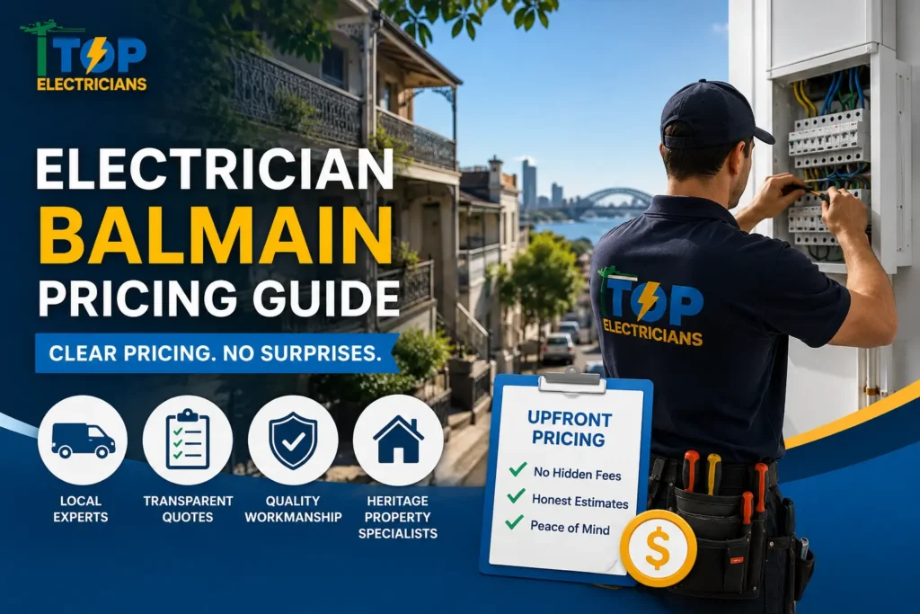 Professional electrician in a Top Electricians uniform working on an electrical switchboard in Balmain, Sydney. The image features heritage-style homes, a harbor cityscape in the background, and bold branding promoting an electrician pricing guide. Design highlights transparent pricing, quality workmanship, local expertise, and electrical services for homeowners.