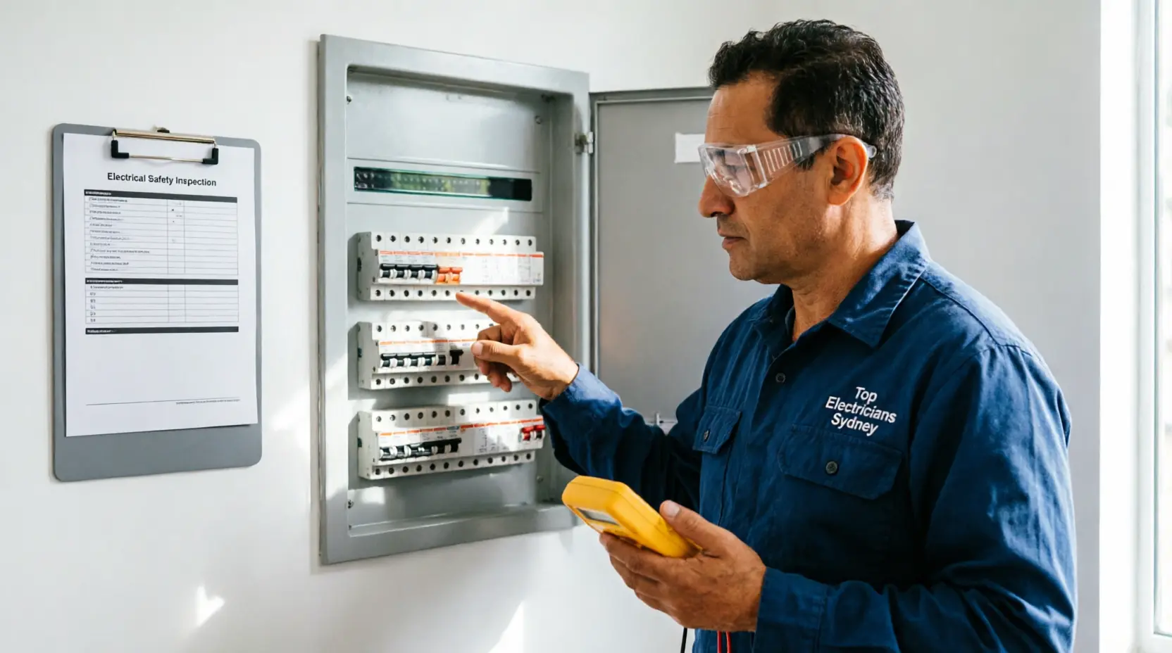 Licensed electrician checking a tripped circuit breaker in a modern switchboard to distinguish between a power outage and an electrical fault.